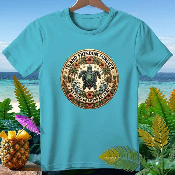 Turquoise t-shirt with a circular emblem of a sea turtle, palm trees, waves and text.