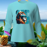 Light blue long-sleeve shirt with an orangutan wearing sunglasses and tropical foliage graphic.