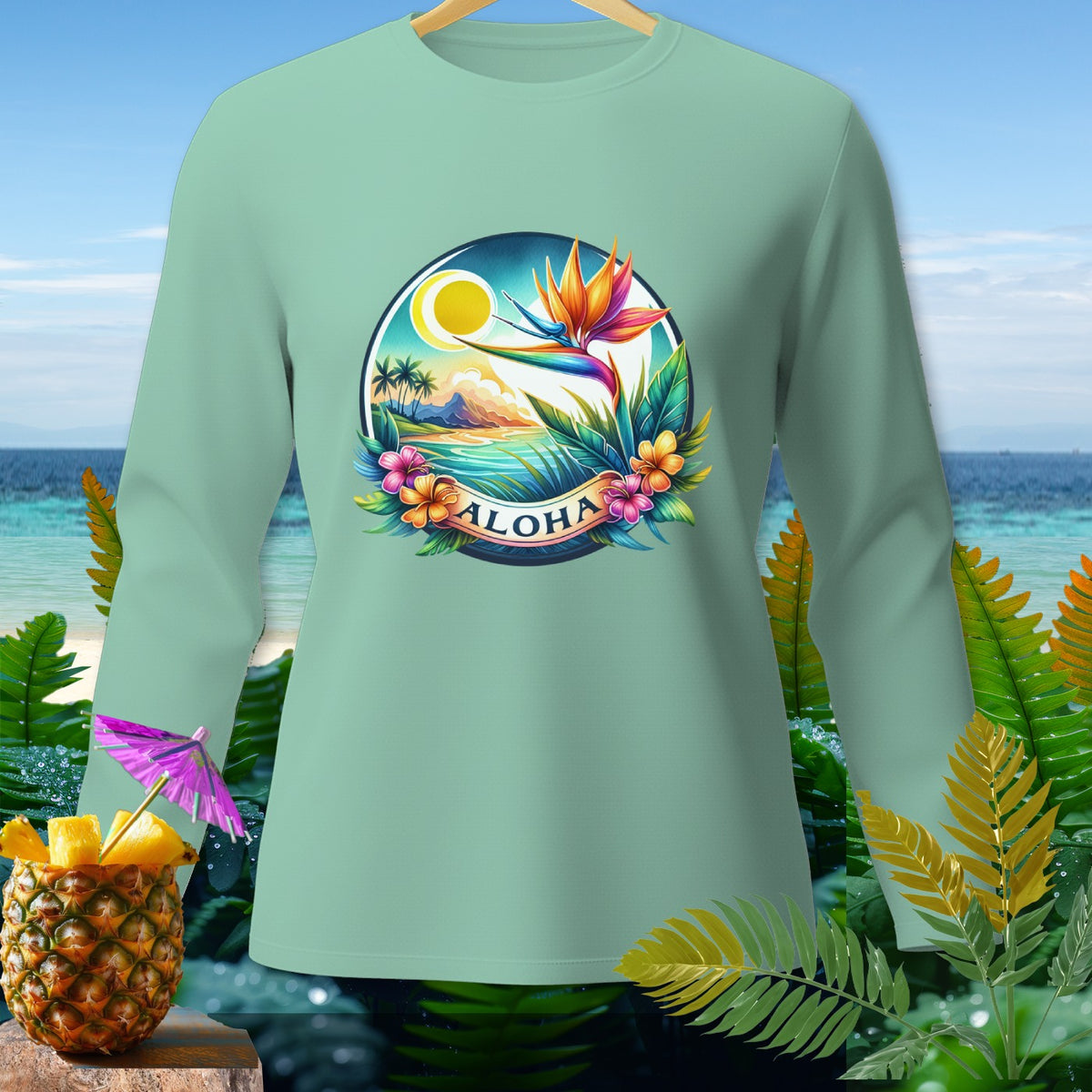 Light green long-sleeve shirt with a tropical "ALOHA" graphic.
