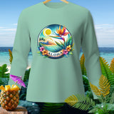 Light green long-sleeve shirt with a tropical 
