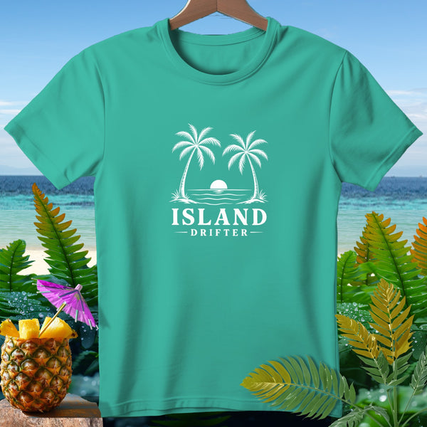 Teal t-shirt with white "ISLAND DRIFTER" text and palm trees graphic.