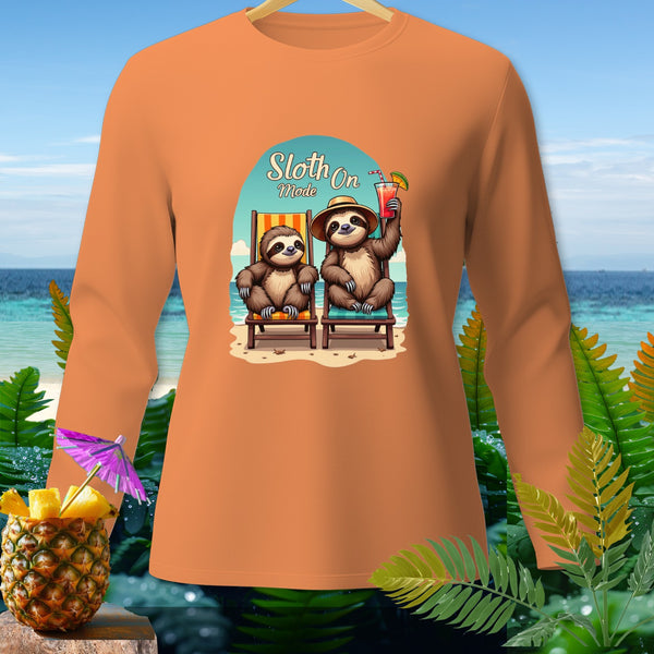 Two sloths relaxing on beach chairs with "Sloth On Mode" text above.