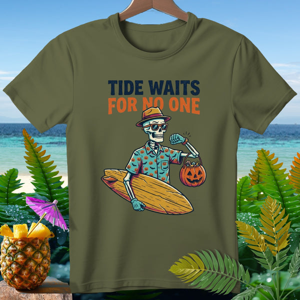 Skeleton surfer holding a surfboard and pumpkin candy bucket, text "TIDE WAITS FOR NO ONE".