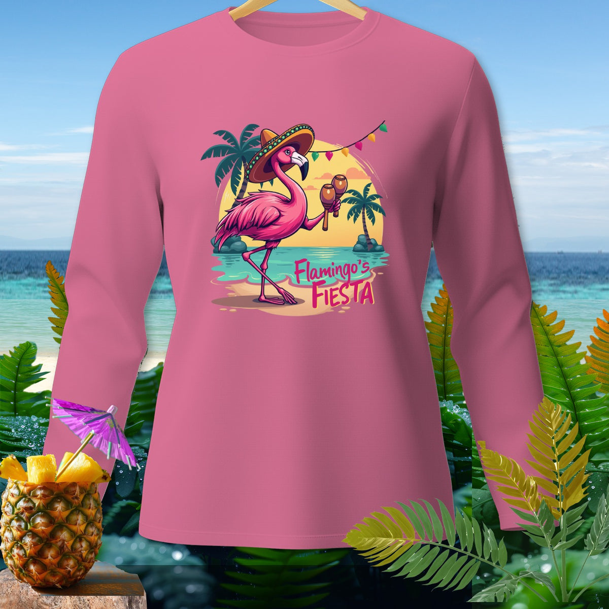 Pink long-sleeve shirt featuring a flamingo in a sombrero holding maracas with "Flamingo's Fiesta" text.