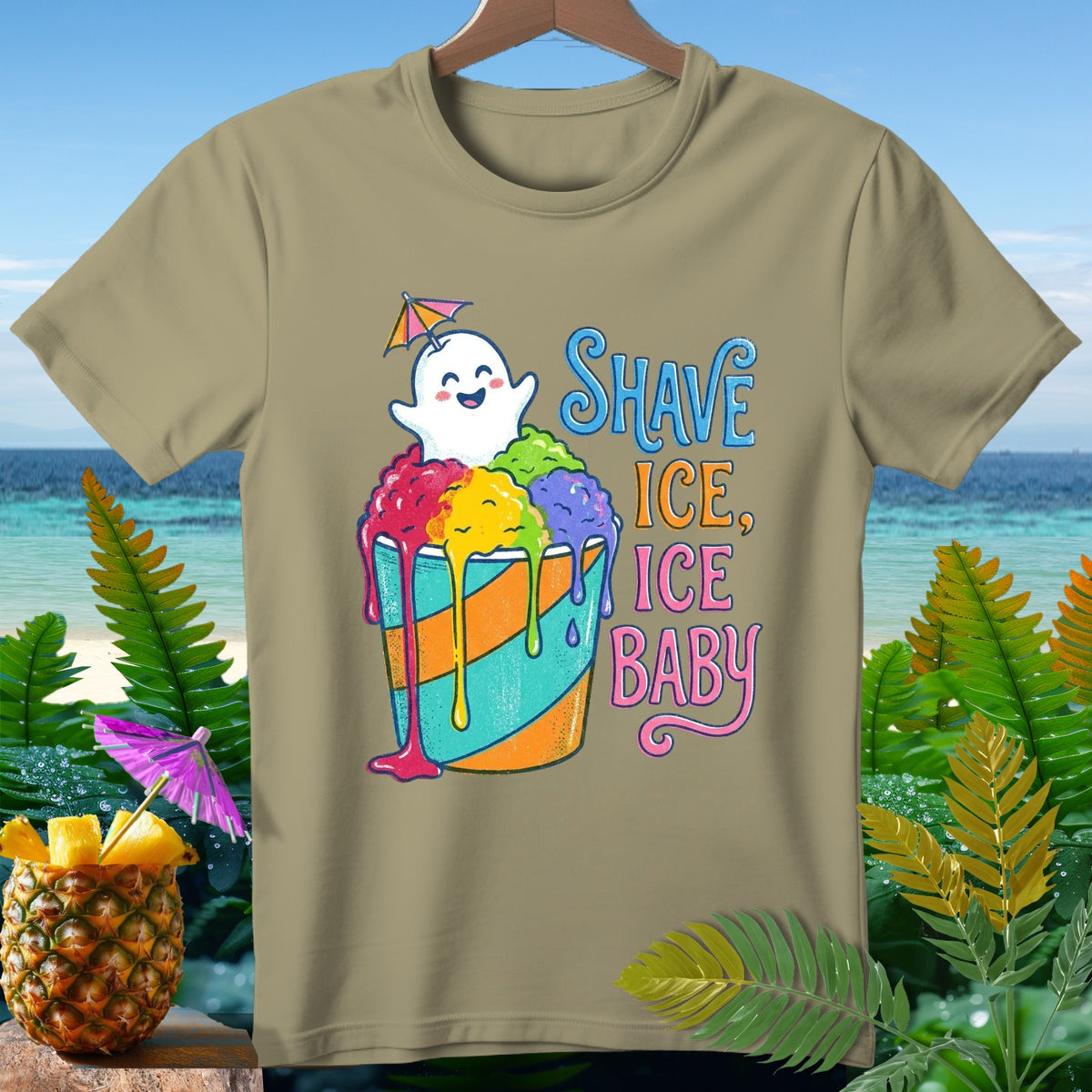 Ghost with umbrella on a cup of shave ice with text "Shave Ice, Ice Baby."