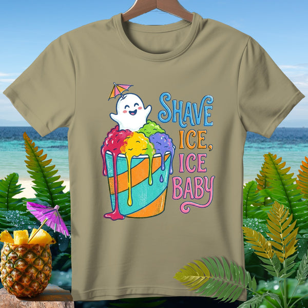Ghost with umbrella on a cup of shave ice with text "Shave Ice, Ice Baby."