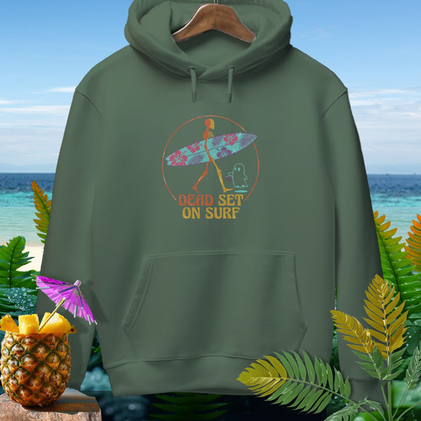 Green hoodie with a skeleton surfer graphic and "Dead Set On Surf" text.