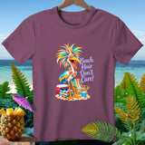 T-shirt with cartoon bird, beach scene, and text 