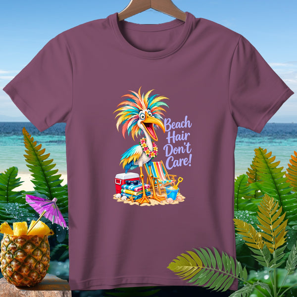 T-shirt with cartoon bird, beach scene, and text "Beach Hair Don't Care!"