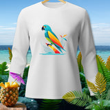 White long-sleeve shirt with a colorful geometric parrot graphic.
