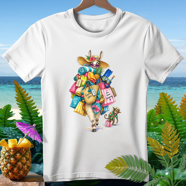 Llama in straw hat with sunglasses, carrying many shopping bags and beach items.