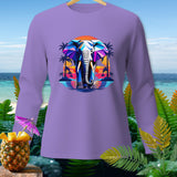 Purple long-sleeve shirt with a geometric elephant design over a tropical sunset scene.