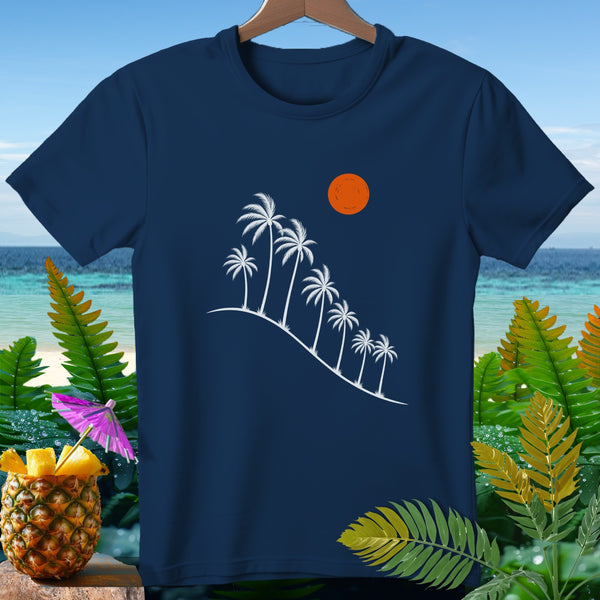 Navy t-shirt with white palm trees and sun graphic, surrounded by tropical foliage.