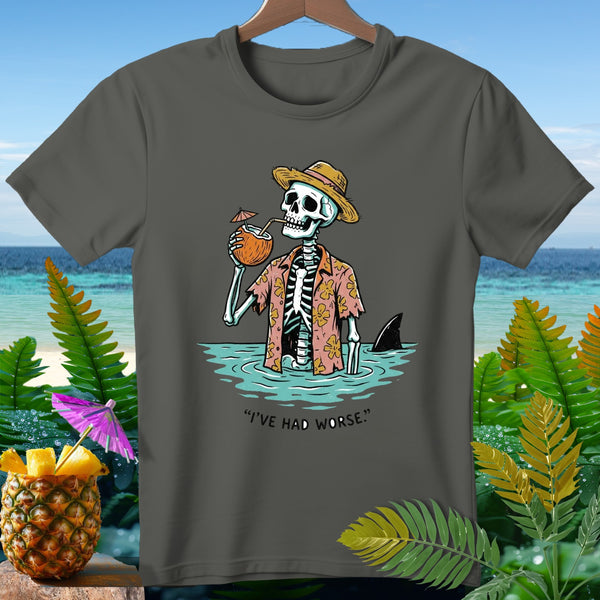 Skeleton in a straw hat drinks coconut, shark fin visible, text "I'VE HAD WORSE."