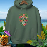 Green hoodie with a floral skull design, tropical foliage, and a pineapple drink.