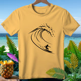 Yellow t-shirt with black graphic of surfer riding a wave.