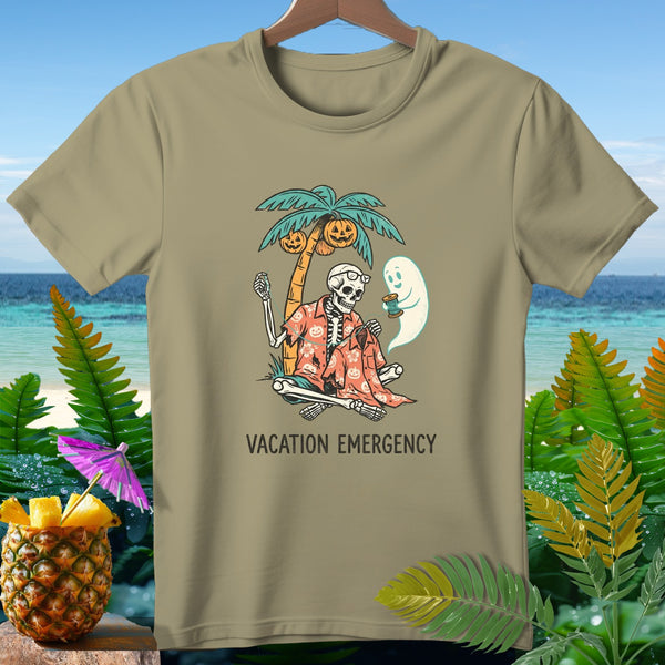 Skeleton on beach under palm tree with pumpkin decorations and ghost, reads "Vacation Emergency."