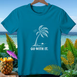 Teal t-shirt with white palm tree and 