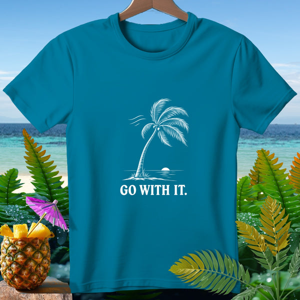 Teal t-shirt with white palm tree and "GO WITH IT." text.