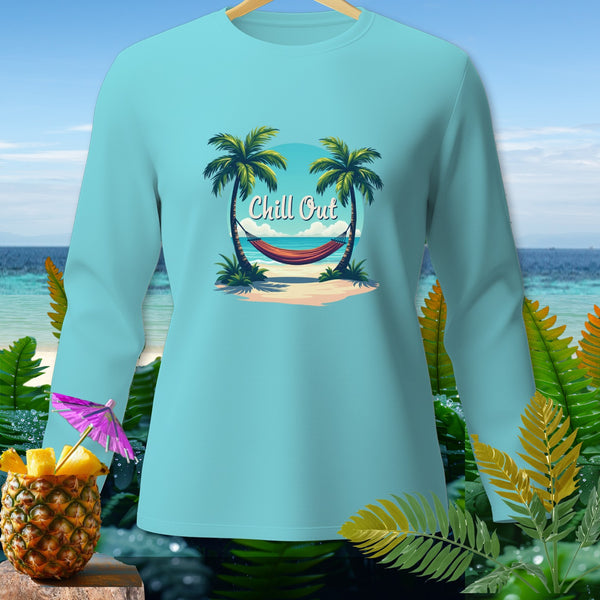 Light blue long-sleeve shirt with "Chill Out" text and tropical beach graphic.
