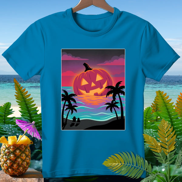 Jack-o'-lantern on a tropical beach at sunset with palm trees and two figures.