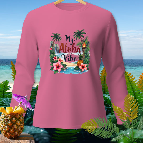 Pink long-sleeve shirt with "My Aloha Vibe" tropical graphic and pineapple garnish.