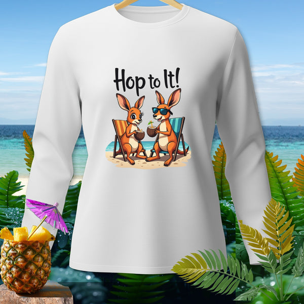 White long-sleeve shirt with cartoon kangaroos on beach chairs and text "Hop to It!".