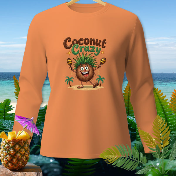 Orange long-sleeve shirt with "Coconut Crazy" text and cartoon coconut character.