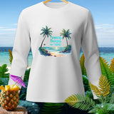 White long-sleeved shirt with tropical beach graphic and text.