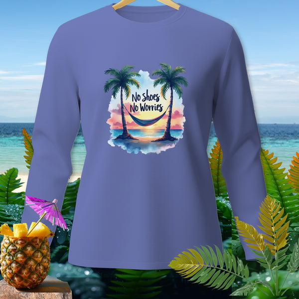 Long sleeve shirt with "No Shoes No Worries" text and a beach hammock scene.