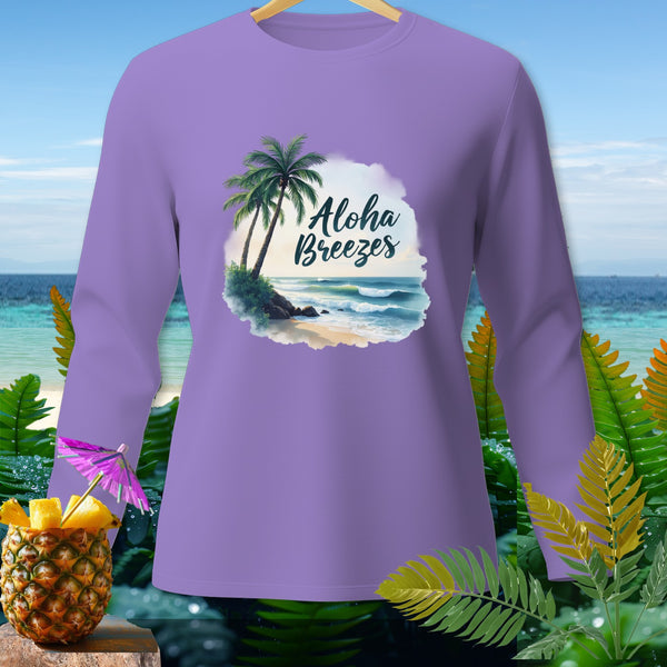 Purple long-sleeve shirt with "Aloha Breezes" beach graphic.