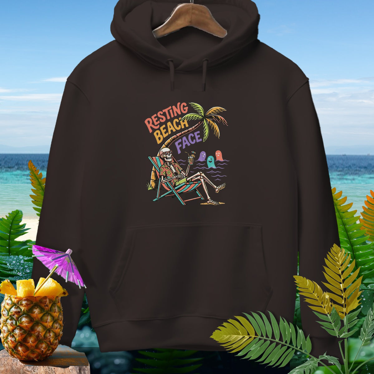 Skeleton in beach chair with text "Resting Beach Face" and ghosts in ocean.
