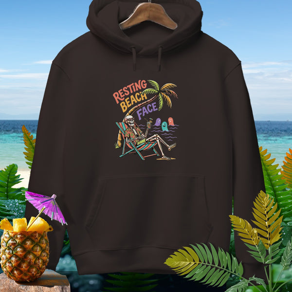 Skeleton in beach chair with text "Resting Beach Face" and ghosts in ocean.