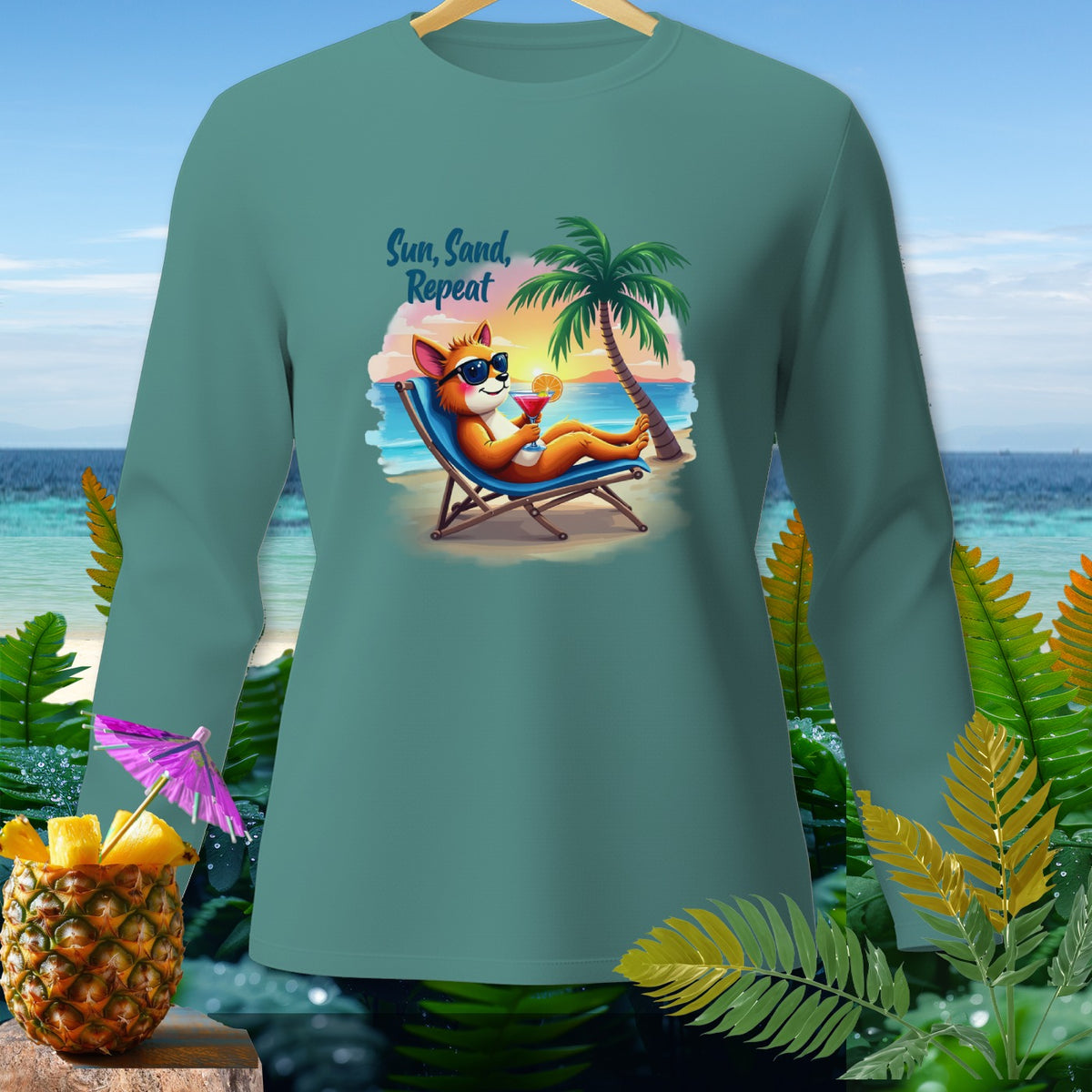 Teal long-sleeve shirt with cartoon fox relaxing on beach chair.