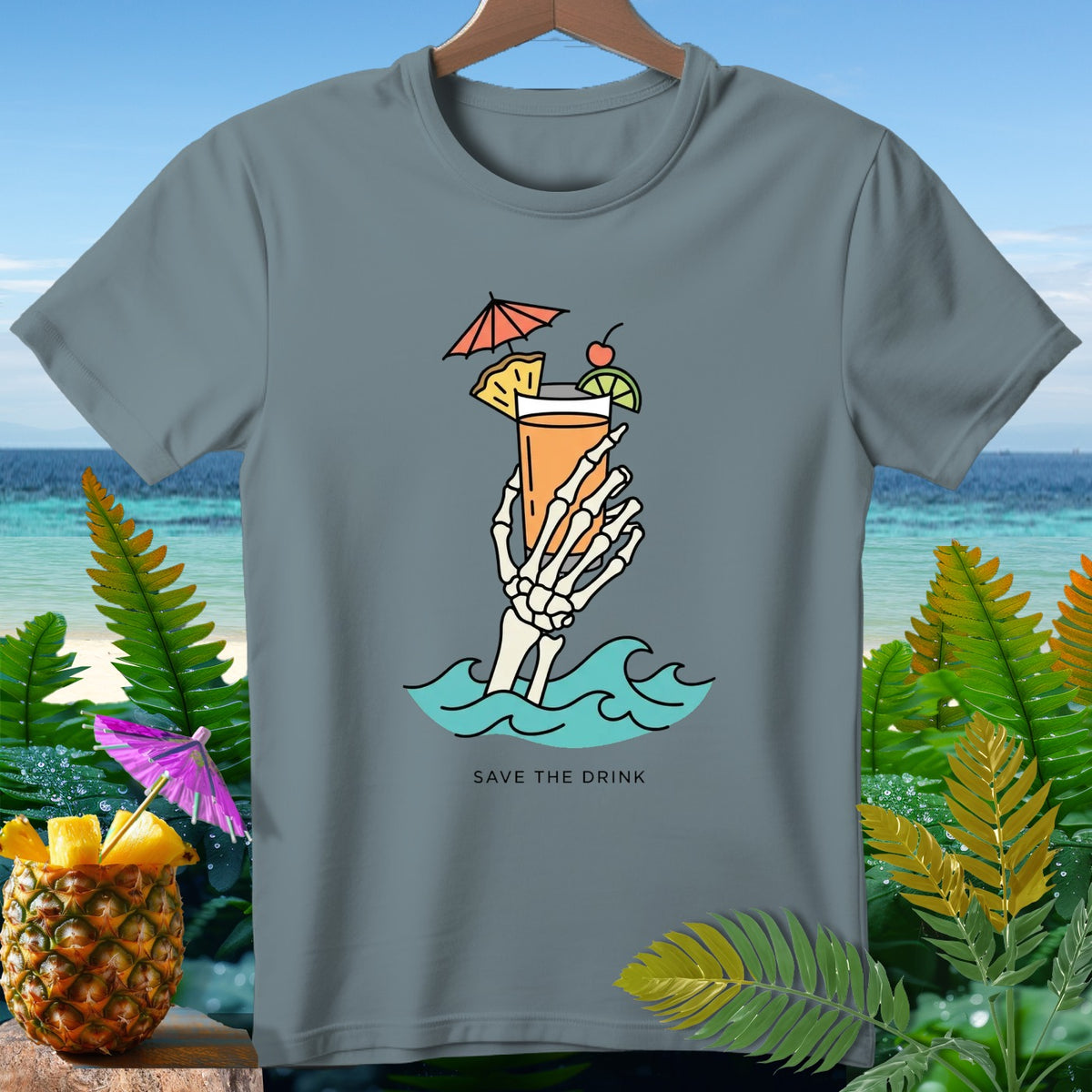 Skeleton hand holds tropical drink in waves with text "SAVE THE DRINK".