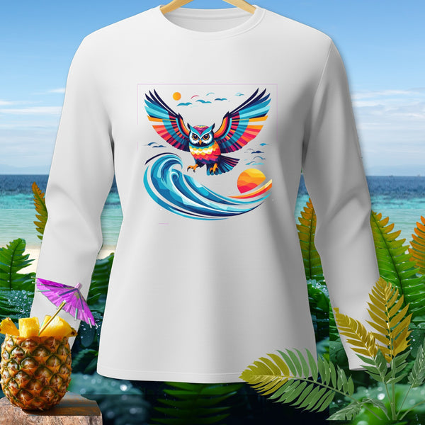 White long-sleeve shirt with a colorful owl graphic over a wave and ocean scene.