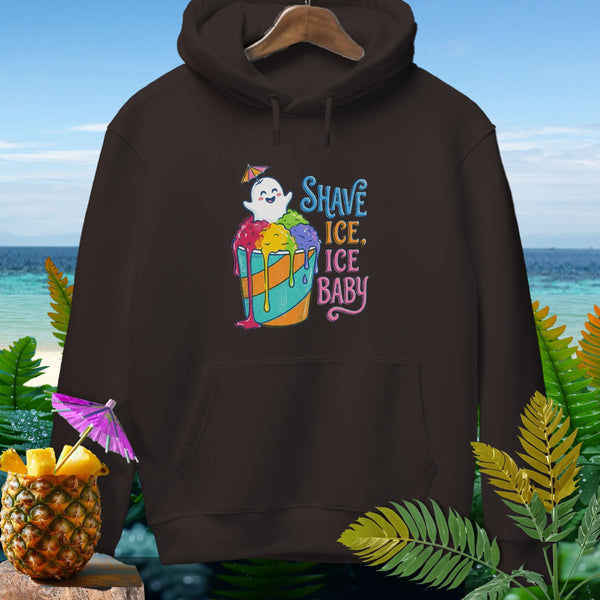 Brown hoodie with "Shave Ice, Ice Baby" graphic featuring a ghost and shave ice.