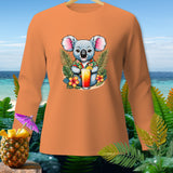 Long sleeve orange shirt with koala holding tropical drink and pineapple with umbrella.