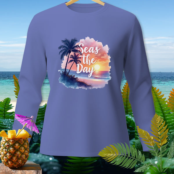 Purple long sleeve shirt with "Seas the Day" sunset beach graphic.