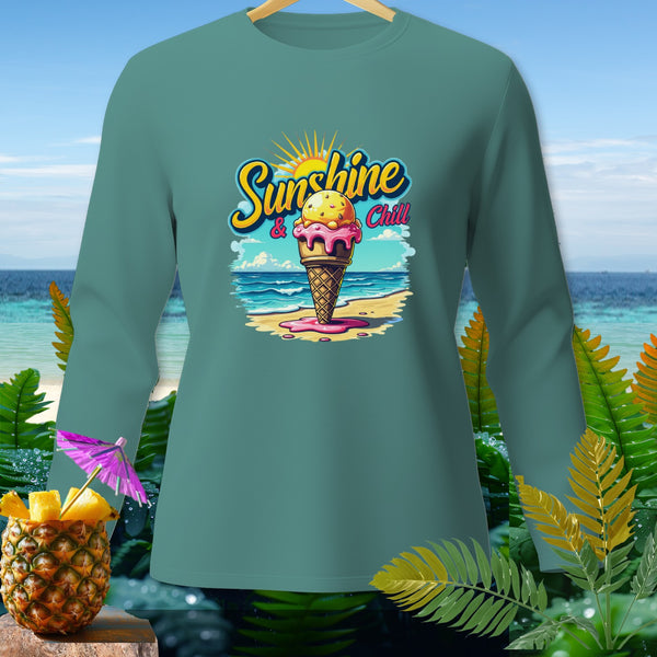 Long sleeve shirt with "Sunshine & Chill" ice cream cone graphic.