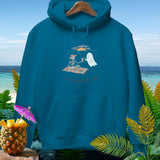 Teal hoodie with skeleton and ghost enjoying a beach sunset with text 