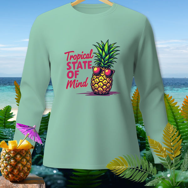 Mint long-sleeve shirt with pineapple wearing sunglasses and "Tropical State of Mind" text.