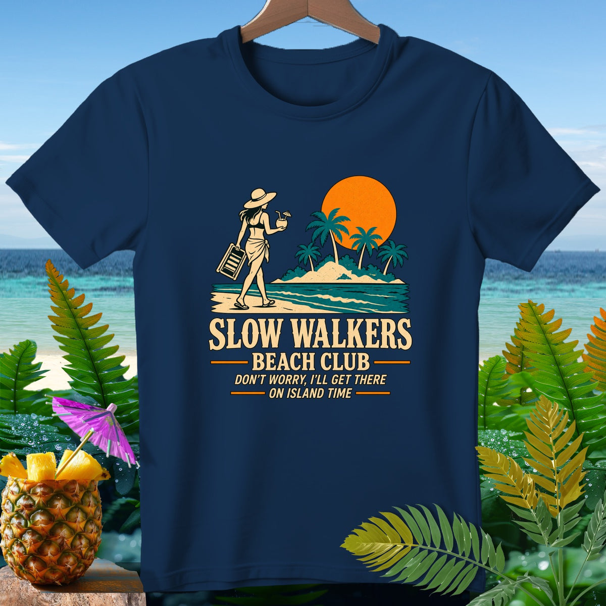 Navy t-shirt with "Slow Walkers Beach Club" text and tropical island graphic.