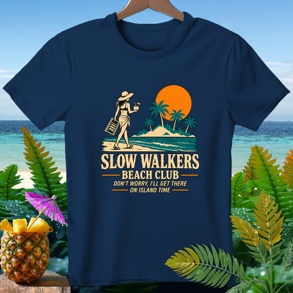 Navy t-shirt with "Slow Walkers Beach Club" text and tropical island graphic.