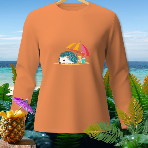 Orange long-sleeve shirt with a hedgehog graphic under a beach umbrella and cocktail.