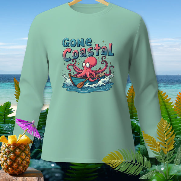 Long-sleeve shirt with an octopus rowing a boat and "GONE Coastal" text.