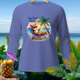Long sleeve shirt with cartoon fox on beach lounge chair with text 