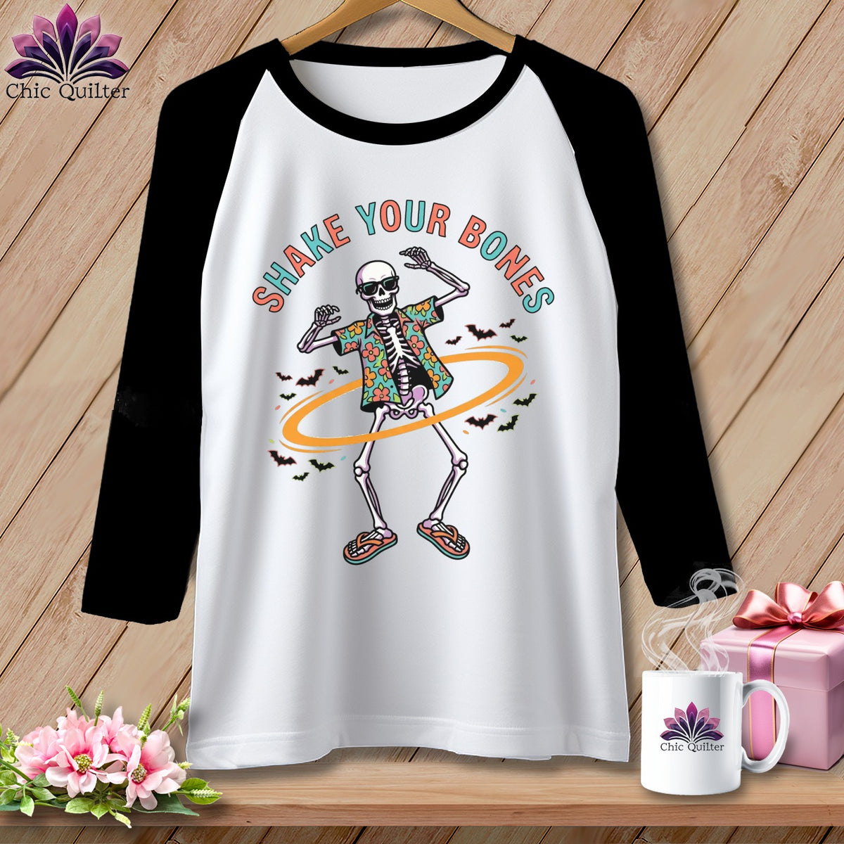 Skeleton wearing sunglasses and Hawaiian shirt, text "SHAKE YOUR BONES".