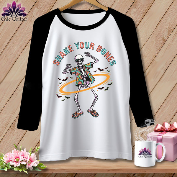 Skeleton wearing sunglasses and Hawaiian shirt, text "SHAKE YOUR BONES".