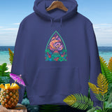 Navy hoodie with a colorful volcano, palm trees, and floral graphic.